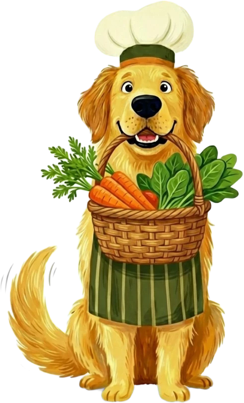 O chef da Horta do Pet, um golden retriever de touca e avental, segurando um cesto de legumes fresquinhos