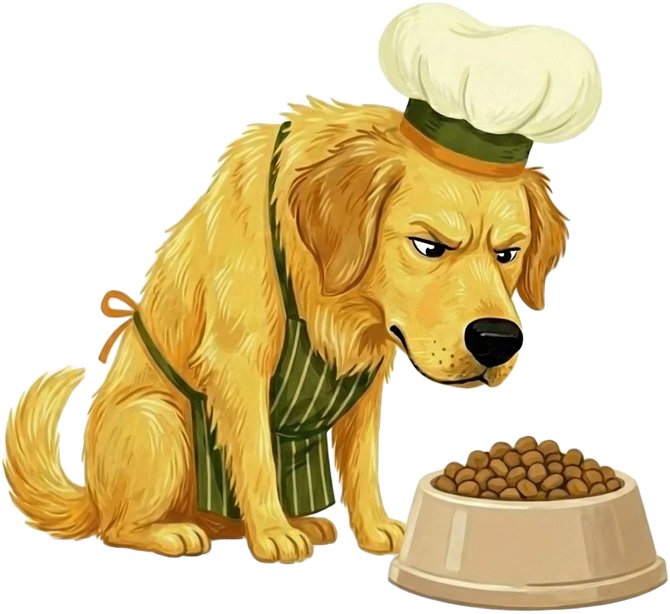 O chef olhando desconfiado para um pote de ração industrializada